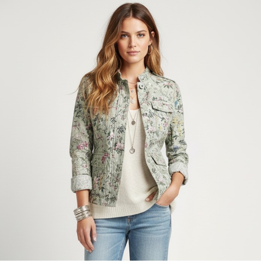 H&M Floral Utility Jacket in Light Sage Green with Pink Accents